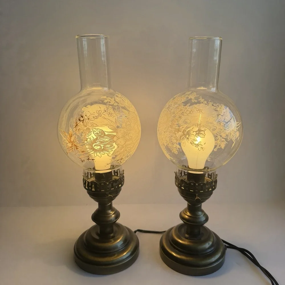 Victorian VTG Glass Hurricane Lamps (2) Floral Globe Cottagecore Praire